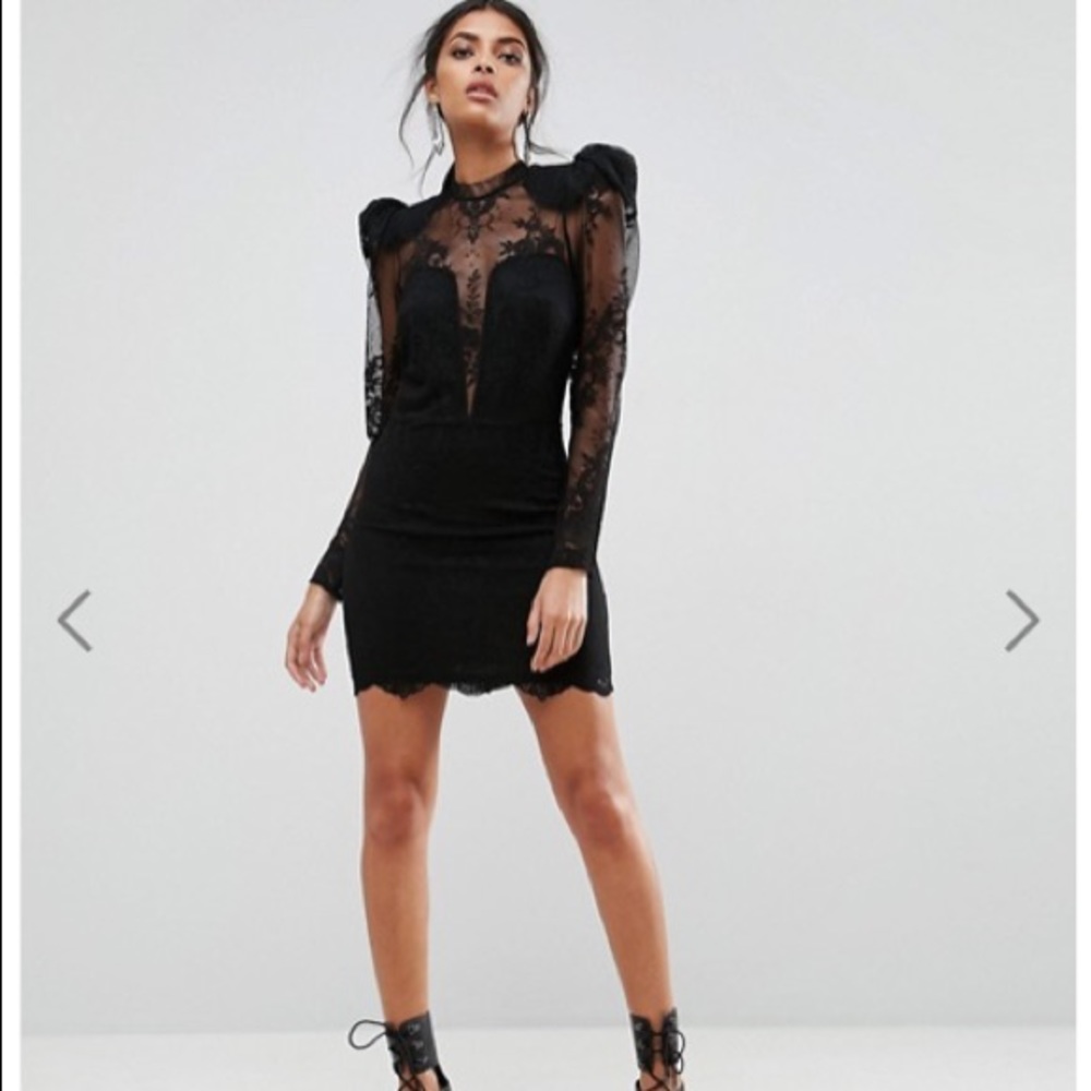 ASOS Puff Shoulder Black Lace Mini Dress